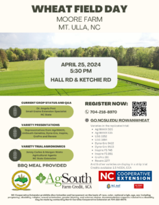 Wheat Field Day Thursday, April 25, 2024 Moore Farm (Hall Rd. & Ketchie Rd.) Mount Ulla, NC 5:30 p.m. To register, scan the QR code above or click here: go.ncsu.edu/rowanwheat